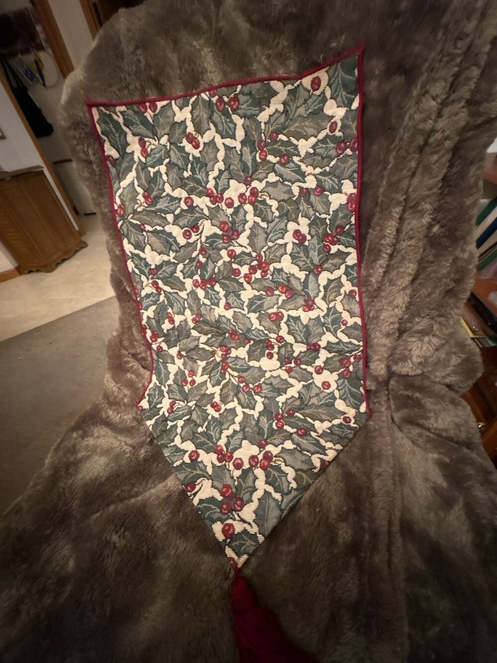 Holiday Tapestry Table Runner Holly Berry Tassel Accent